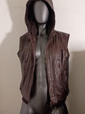 PLEASE Brown Faux Leather Hooded Quilted-Lining Vest
